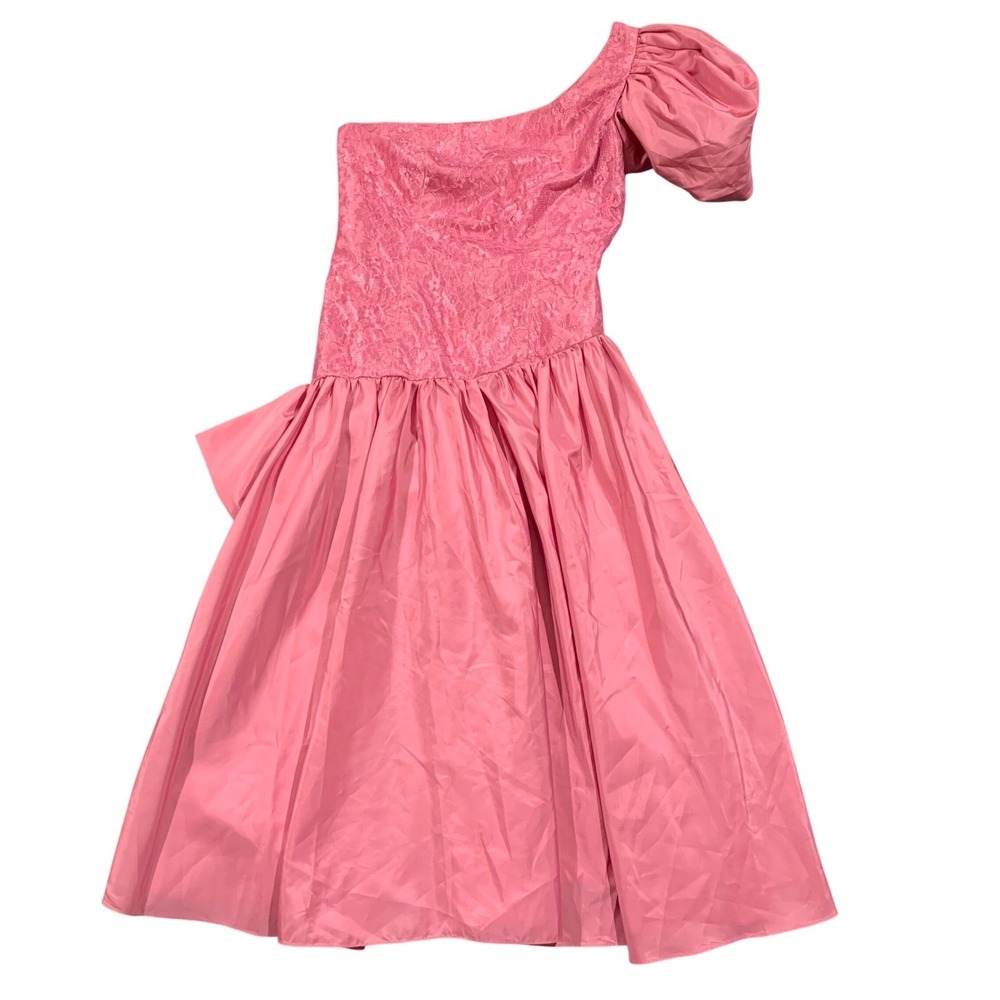 JCPenney One Shoulder Dress Womens 13/14 Pink 80s Vintage Prom Lace Bow Retro *